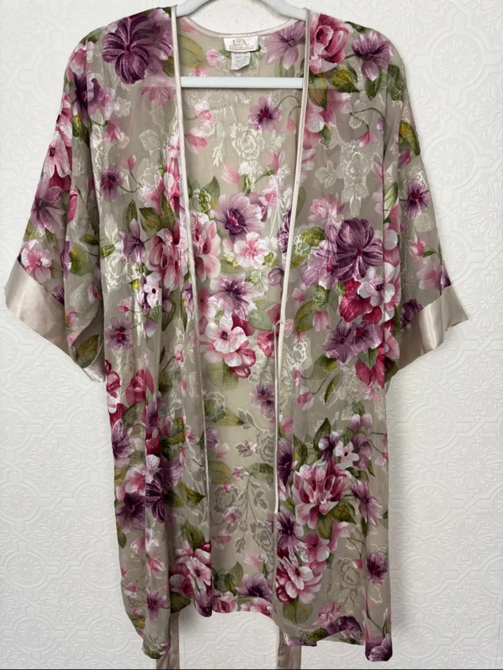 Vintage LA Intimates‎ Floral Sheer Robe Medium Pink Lace Trim Tie Waist Style